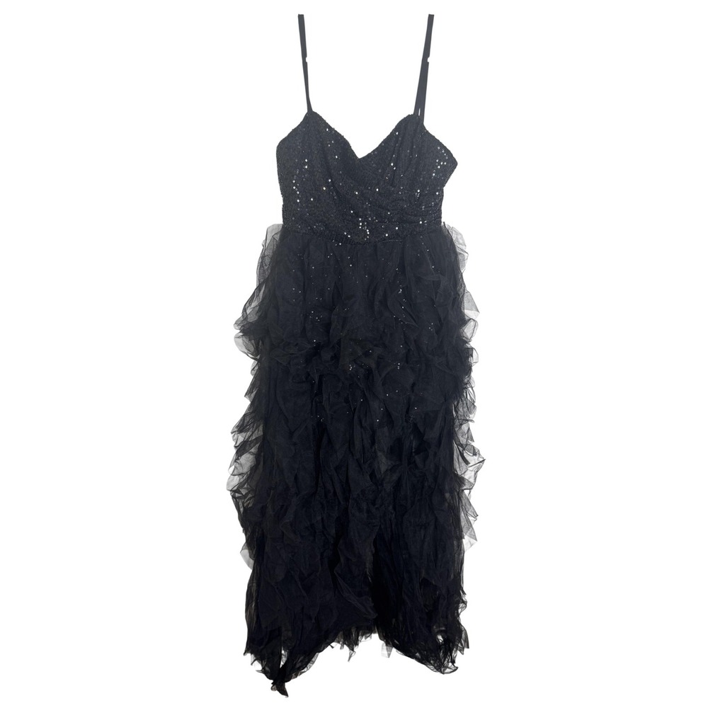 IEENA For Mac Duggal Dress Womens 4 Black Sequin Tulle Ruffle Gown‎ Formal Prom